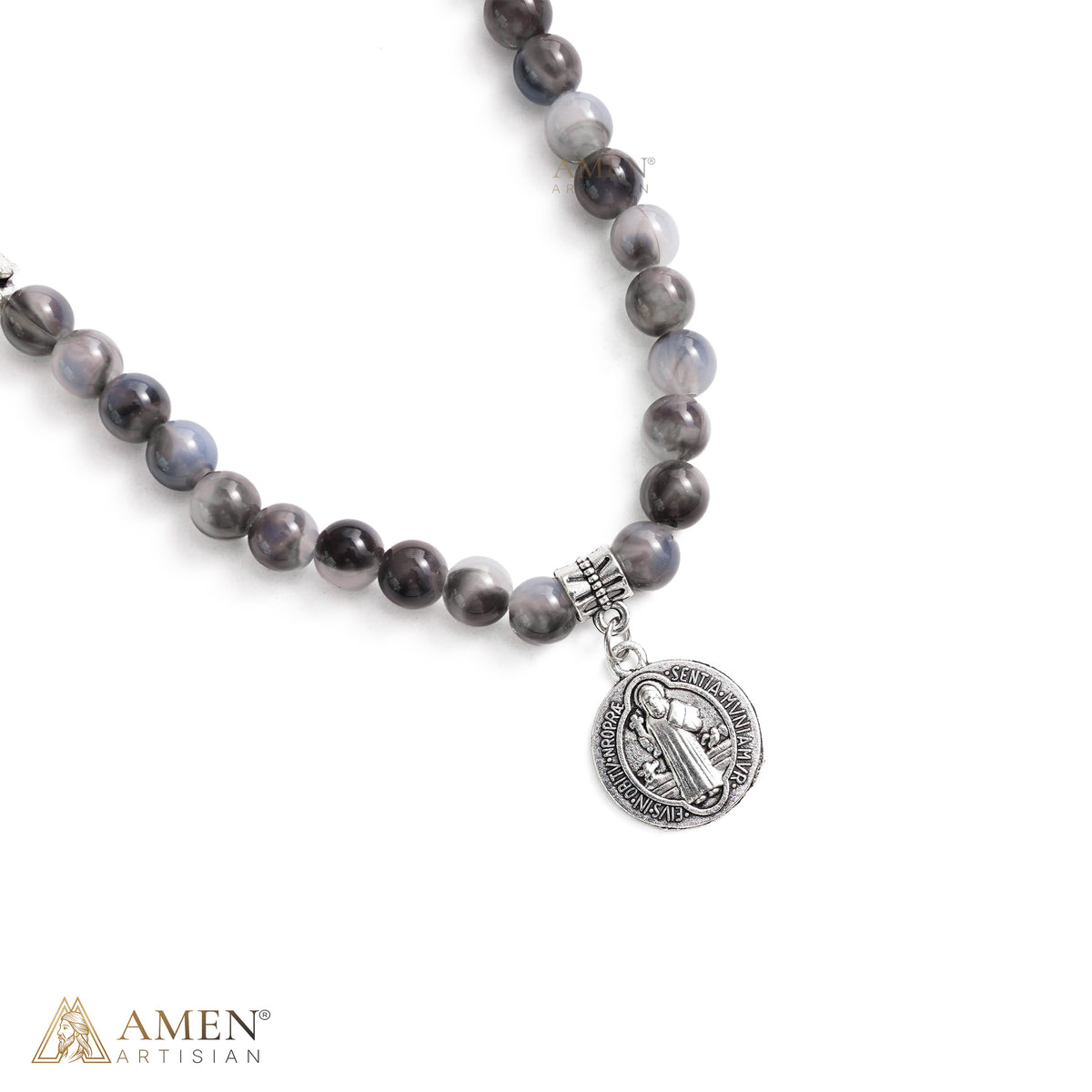St. Benedict Medal Stretch Bracelet with Marbled Gray Beads