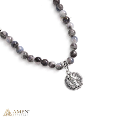 St. Benedict Medal Stretch Bracelet with Marbled Gray Beads
