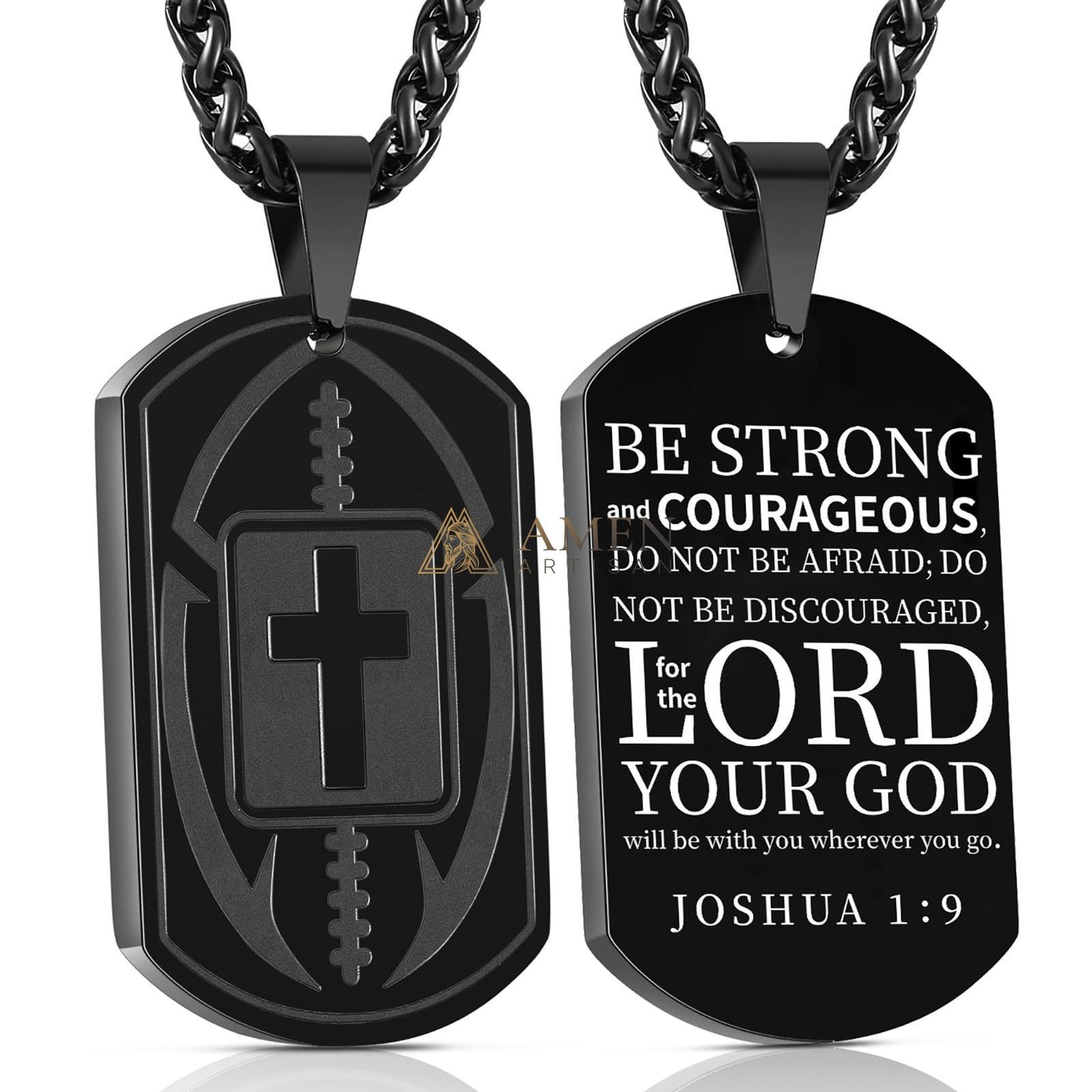 Football Cross Dog Tag Necklace Amen Artisan