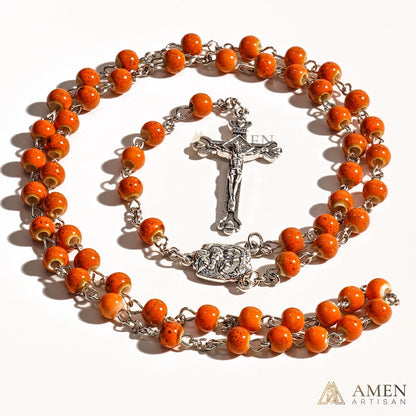 Orange Glazed Ceramic Rosary Amen Artisian