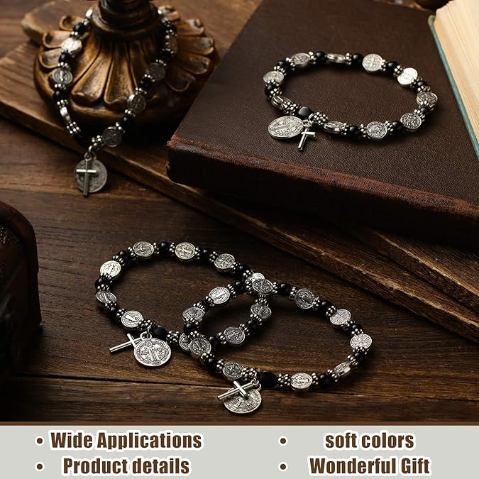Amen Artisan Hematite Beads Saint Benedict Medal Cross Elastic Cord Bracelet