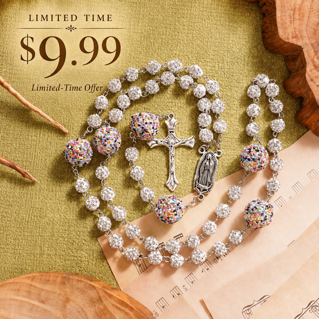 【DEAL TODAY】Our Lady of Guadalupe Five-Decade Rosary with Sparkling Rhinestone Beads and Colorful Sequin Accents — Grace and Devotion | Amen Artisan
