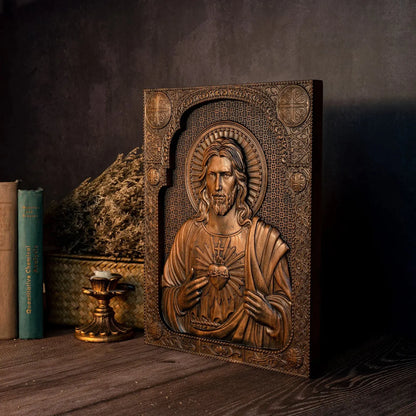 Sacred Heart of Jesus Wood Carved Relief Decor Amen Artisan