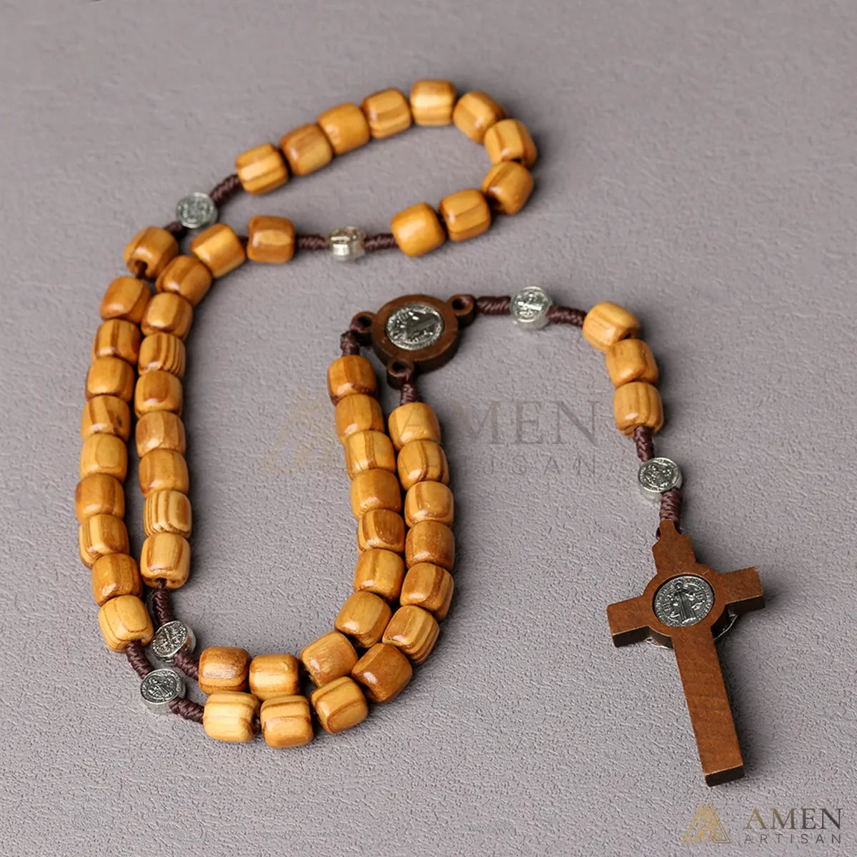 Pine Wood Rosary with Saint Benedict Medal Amen Artisan