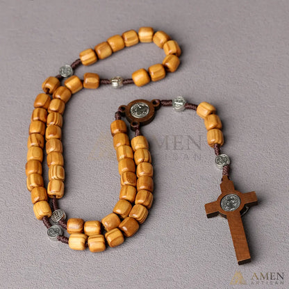 Pine Wood Rosary with Saint Benedict Medal Amen Artisan
