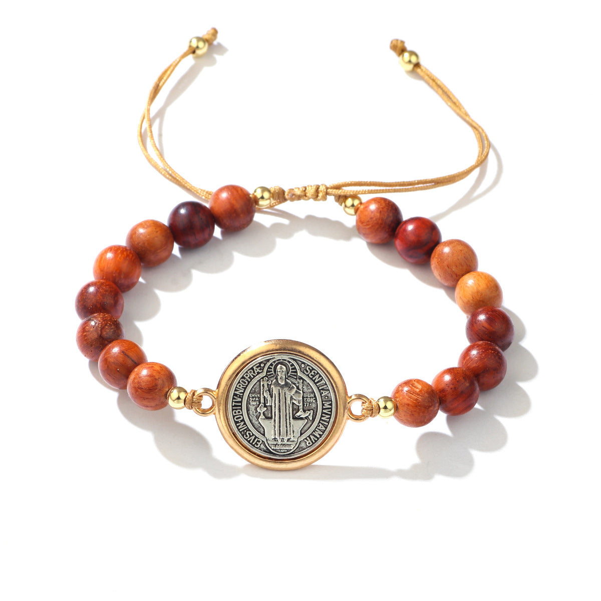 Saint Benedict Adjustable Olive Wood Bead Bracelet