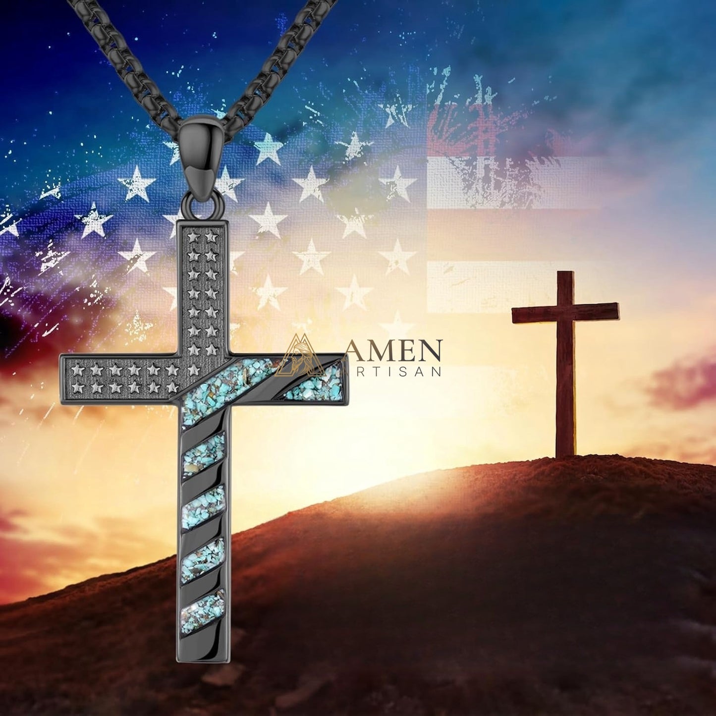 Star-Spangled Banner Turquoise Shard Cross Pendant Necklace Amen Artisan