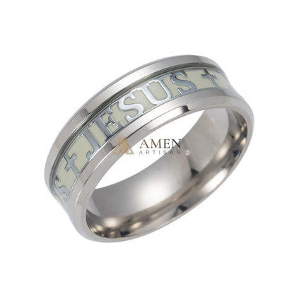 Jesus Cross Titanium Steel Luminous Ring Amen Artisan