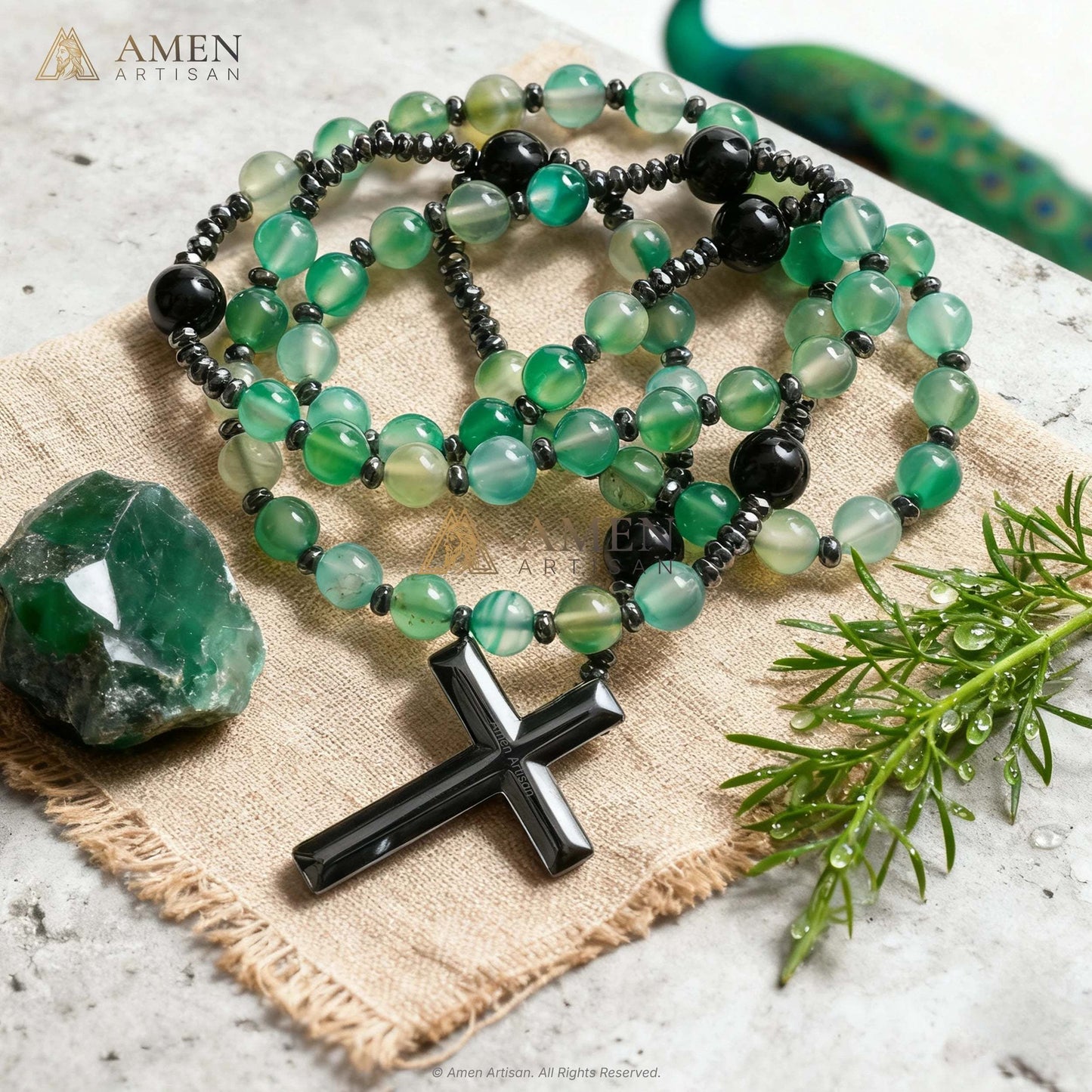 Green Agate Rosary with Cross Amen Artisan