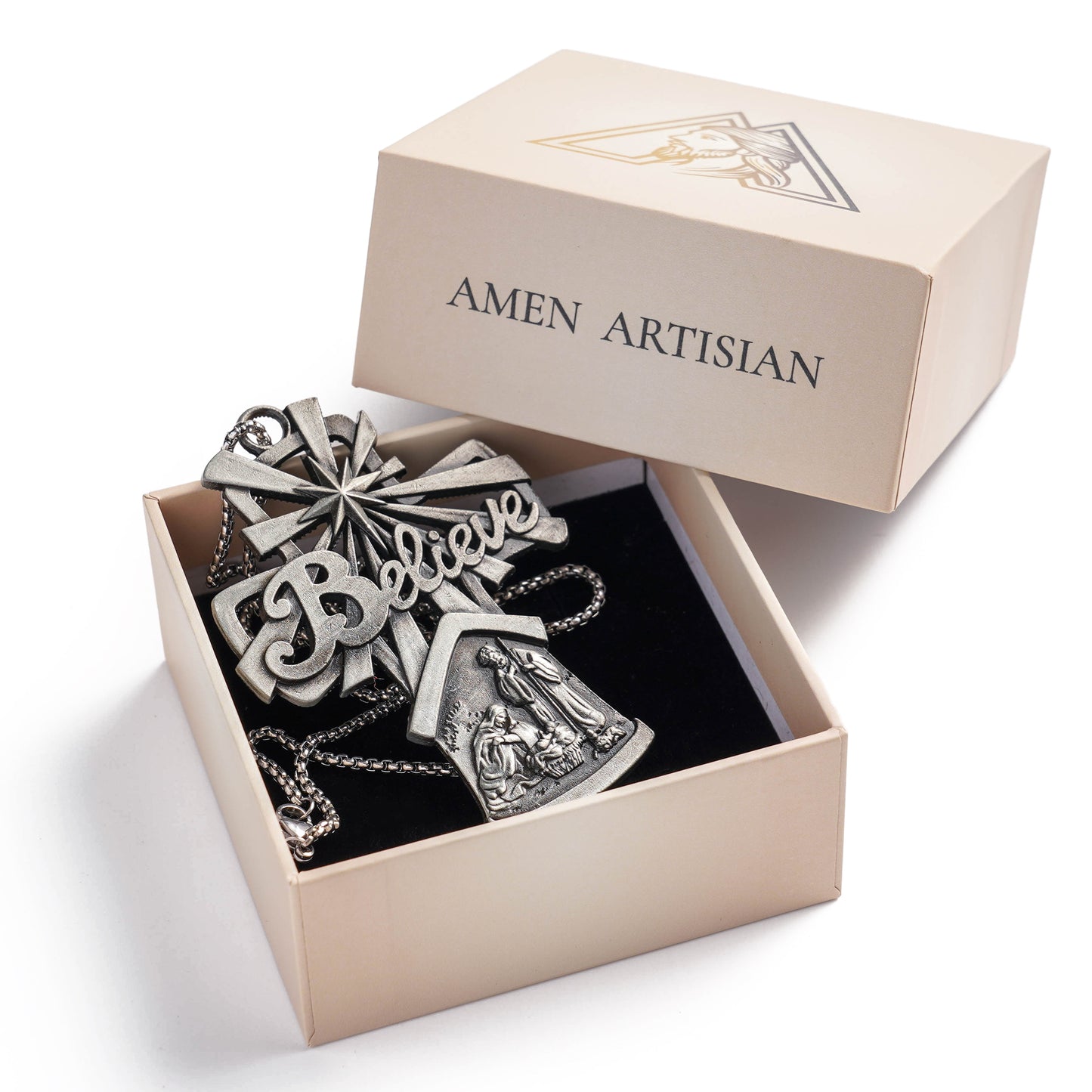 Premium Titanium Steel Nativity Ornament with Chain & Gift Box – 7 cm / 2.75"