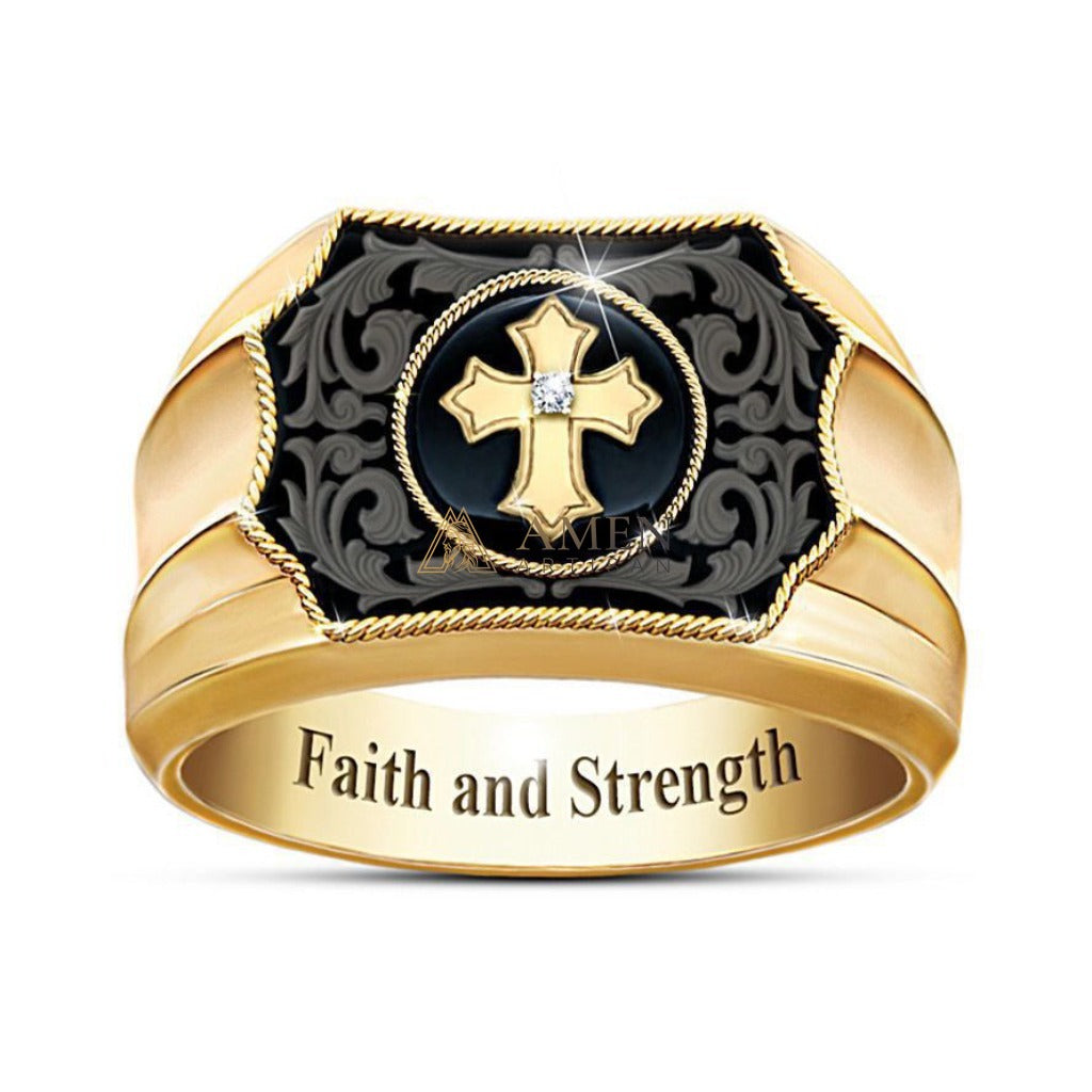 Enamel and Diamond-Encrusted Cross Ring Amen Artisan