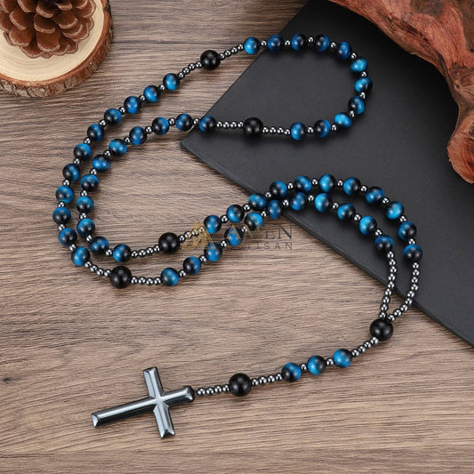 Blue Tiger Eye Cross Rosary Amen Artisan