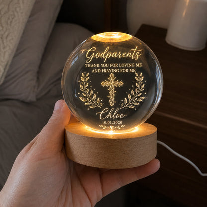 Personalized Godparents Crystal Night Light with Cross, Name, and Date — Faith Keepsake