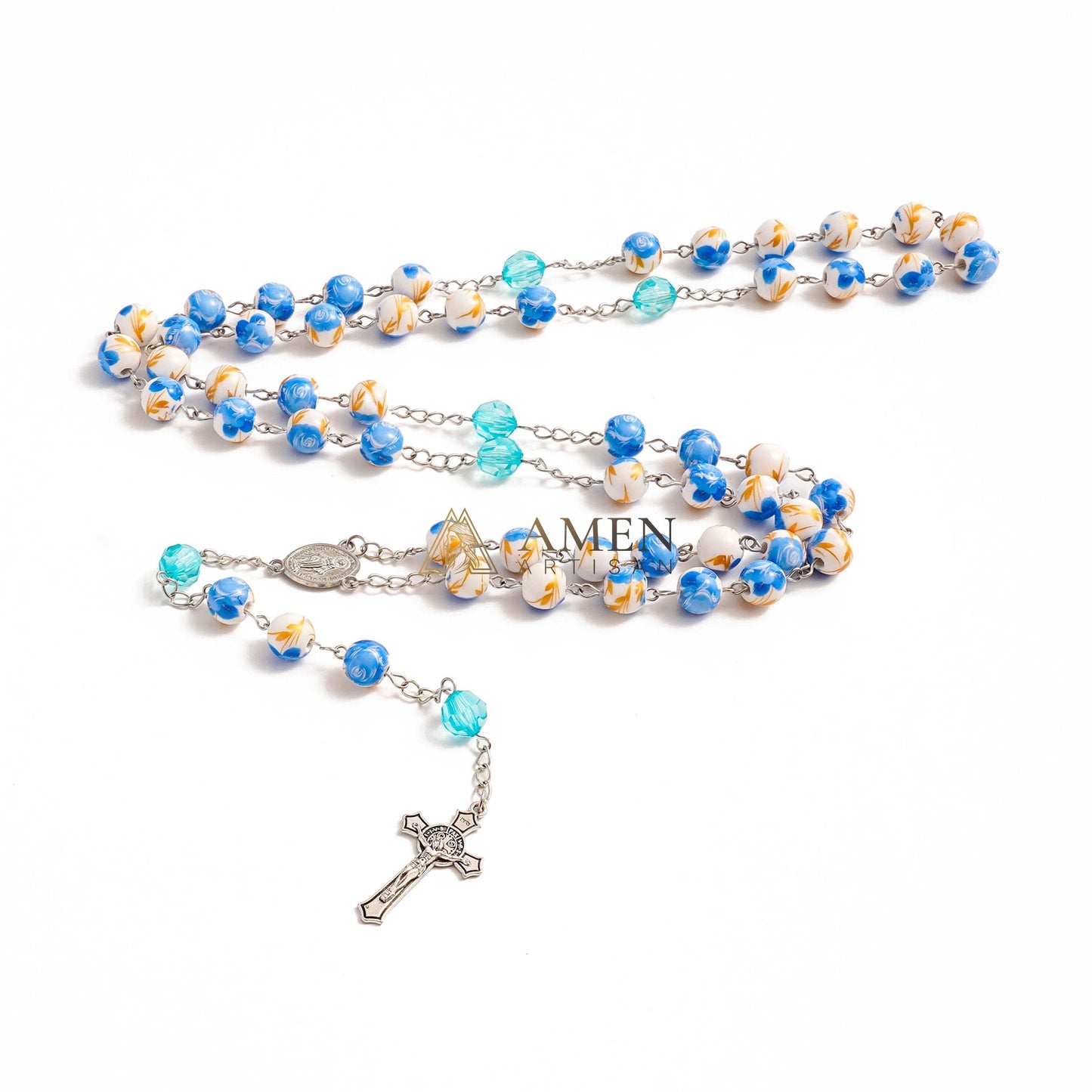 Blue Floral Ceramic Rosary Amen Artisan