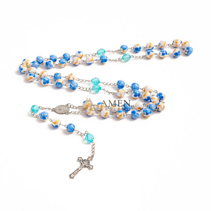 Blue Floral Ceramic Rosary Amen Artisan