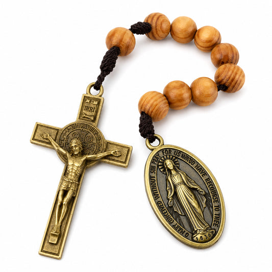 【Deal Today】Portable Wooden Decade Rosary with St. Benedict Cross - Blessing & Peace | Amen Artisan