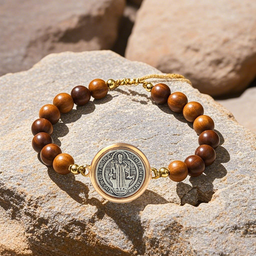 Saint Benedict Adjustable Olive Wood Bead Bracelet