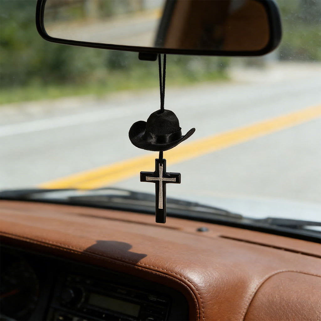 【Deal Today】Western Rearview Mirror Ornament with Cowboy Hat and Cross — Faith | Amen Artisan®
