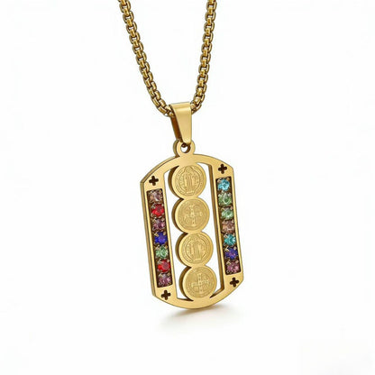 St. Benedict Medal Necklace — 316 Stainless Steel with Multicolor Stone Accents
