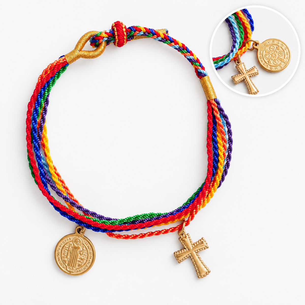 St. Benedict Medal Adjustable Cord Bracelet with Cross Charm