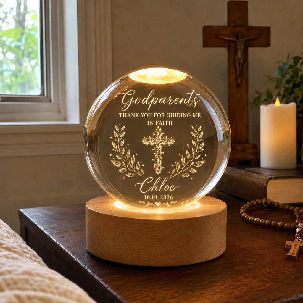 Personalized Godparents Crystal Night Light with Cross, Name, and Date — Faith Keepsake