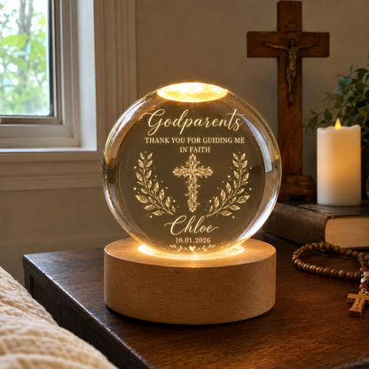 Personalized Godparents Crystal Night Light with Cross, Name, and Date — Faith Keepsake
