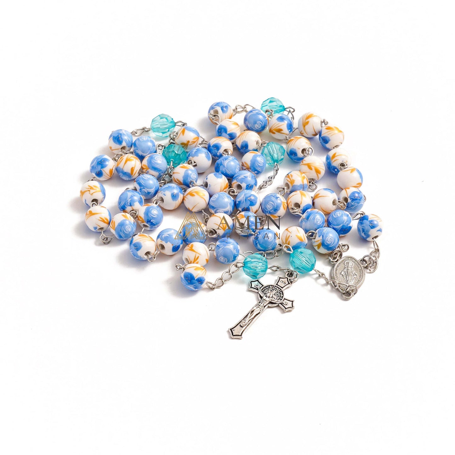 Blue Floral Ceramic Rosary Amen Artisan
