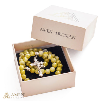 Olive Green St. Benedict Crucifix Beaded Wrap Bracelet and Necklace