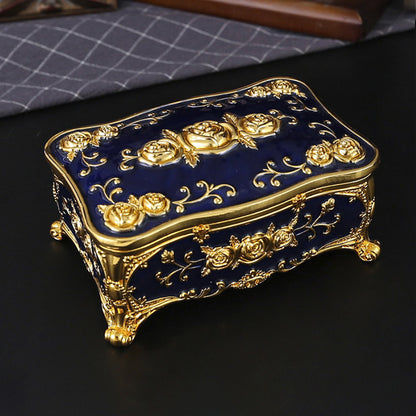 Vintage Rose Metal Rosary Keepsake Box with Gold-Tone Details