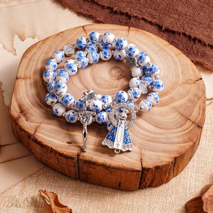 Blue Floral Ceramic Rosary with Marian Pendant and St. Benedict Medals — Grace and Peace | Amen Artisan