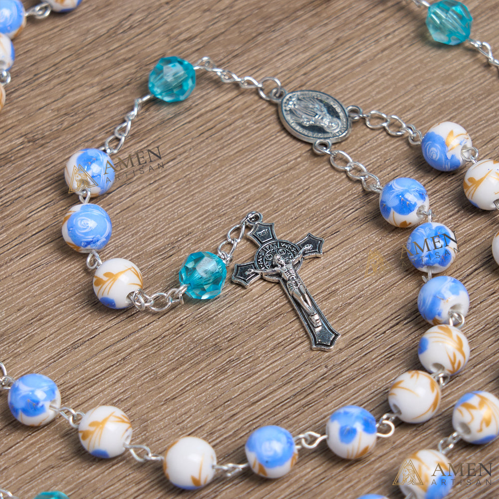 Blue Floral Ceramic Rosary Amen Artisan