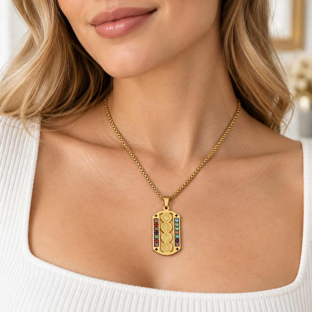 St. Benedict Medal Necklace — 316 Stainless Steel with Multicolor Stone Accents