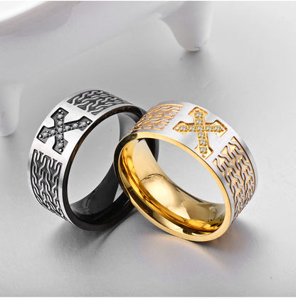 Anillo de acero de titanio con diseño de cruz | Amen Artisan