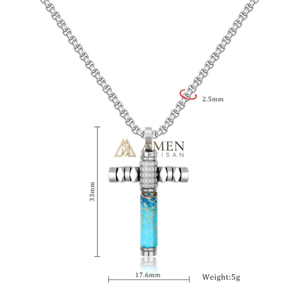 Handcrafted Titanium Steel Turquoise Cross Pendant Necklace  Amen Artisan