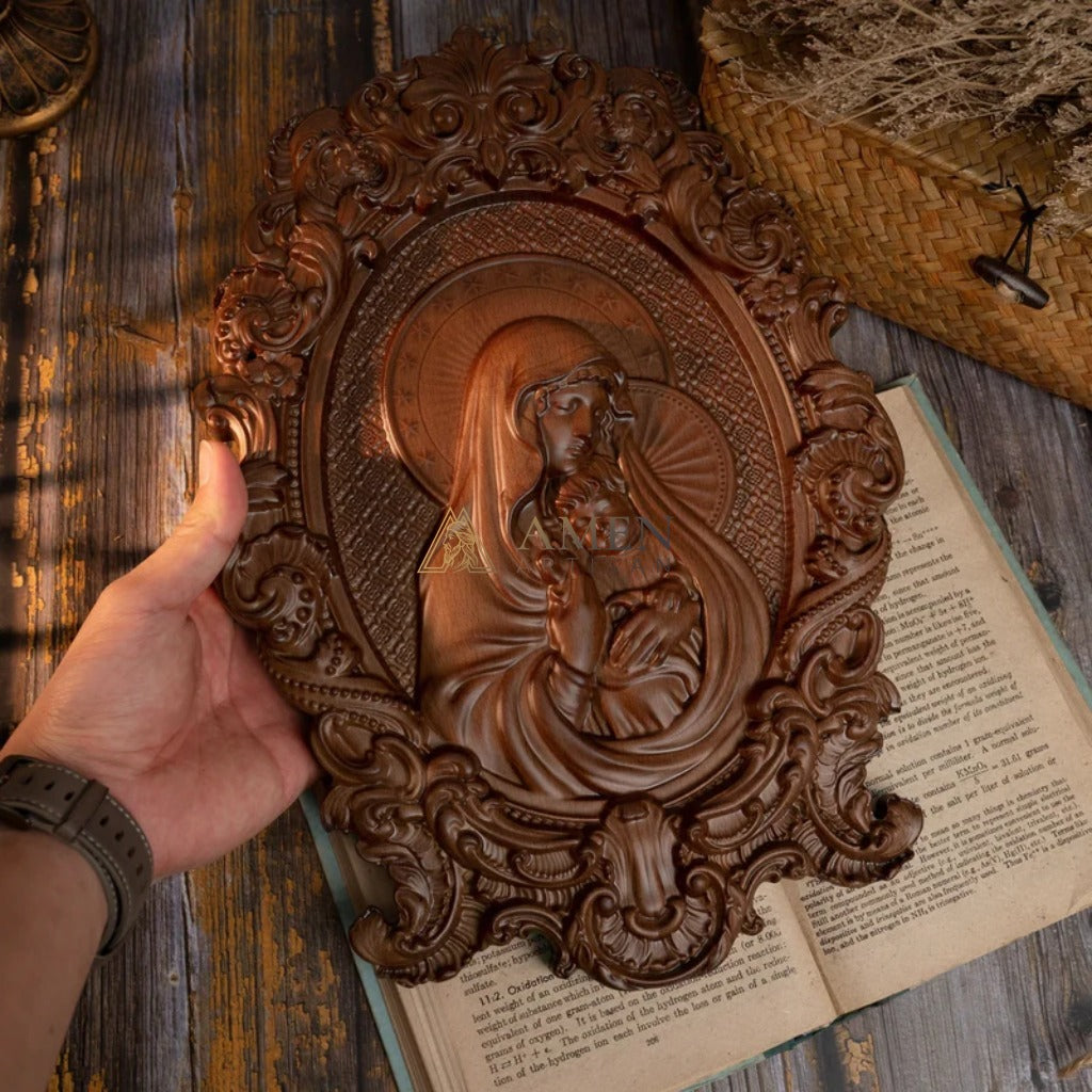The Virgin Mary Holding The Infant Jesus Wooden Sculpture