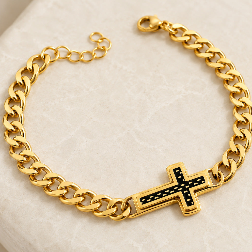Clean-Lined Cross Bracelet with Curb Chain — Faith and Strength