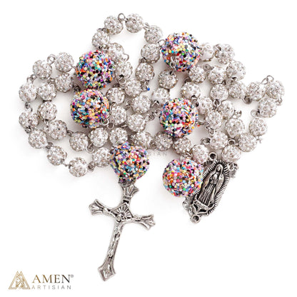 【DEAL TODAY】Our Lady of Guadalupe Five-Decade Rosary with Sparkling Rhinestone Beads and Colorful Sequin Accents — Grace and Devotion | Amen Artisan