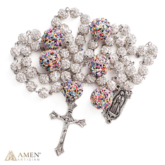 【DEAL TODAY】Our Lady of Guadalupe Five-Decade Rosary with Sparkling Rhinestone Beads and Colorful Sequin Accents — Grace and Devotion | Amen Artisan