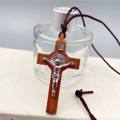 Amen Artisan Wood Inlaid Metal Crucifix Cross Necklace