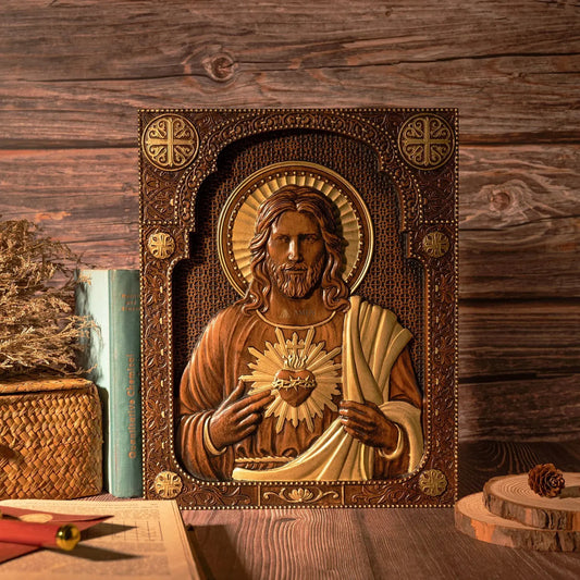 Sacred Heart of Jesus Wood Carved Relief Decor Amen Artisan