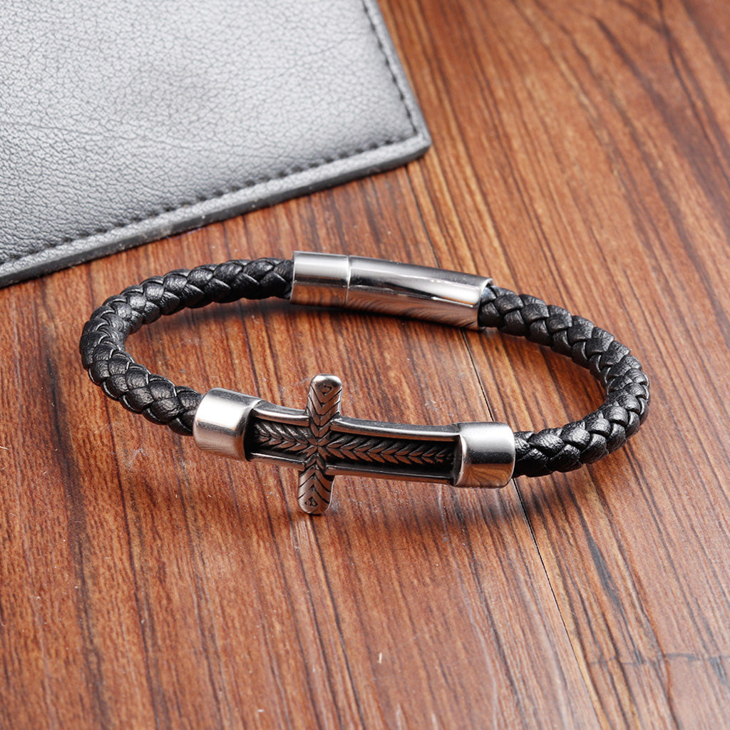 Black Leather Cross Bracelet with Magnetic Clasp — Daily Faith Reminder