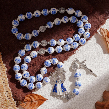 Blue Floral Ceramic Rosary with Marian Pendant and St. Benedict Medals — Grace and Peace | Amen Artisan