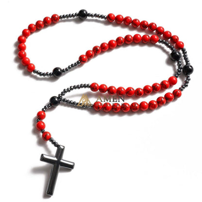 Red Turquoise Cross Rosary Amen Artisan