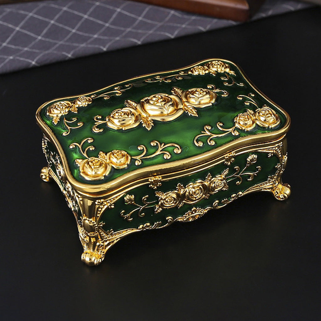 Vintage Rose Metal Rosary Keepsake Box with Gold-Tone Details