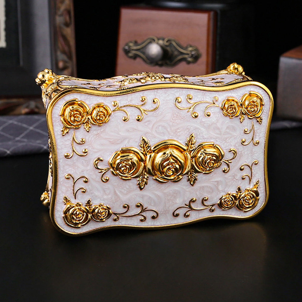 Vintage Rose Metal Rosary Keepsake Box with Gold-Tone Details
