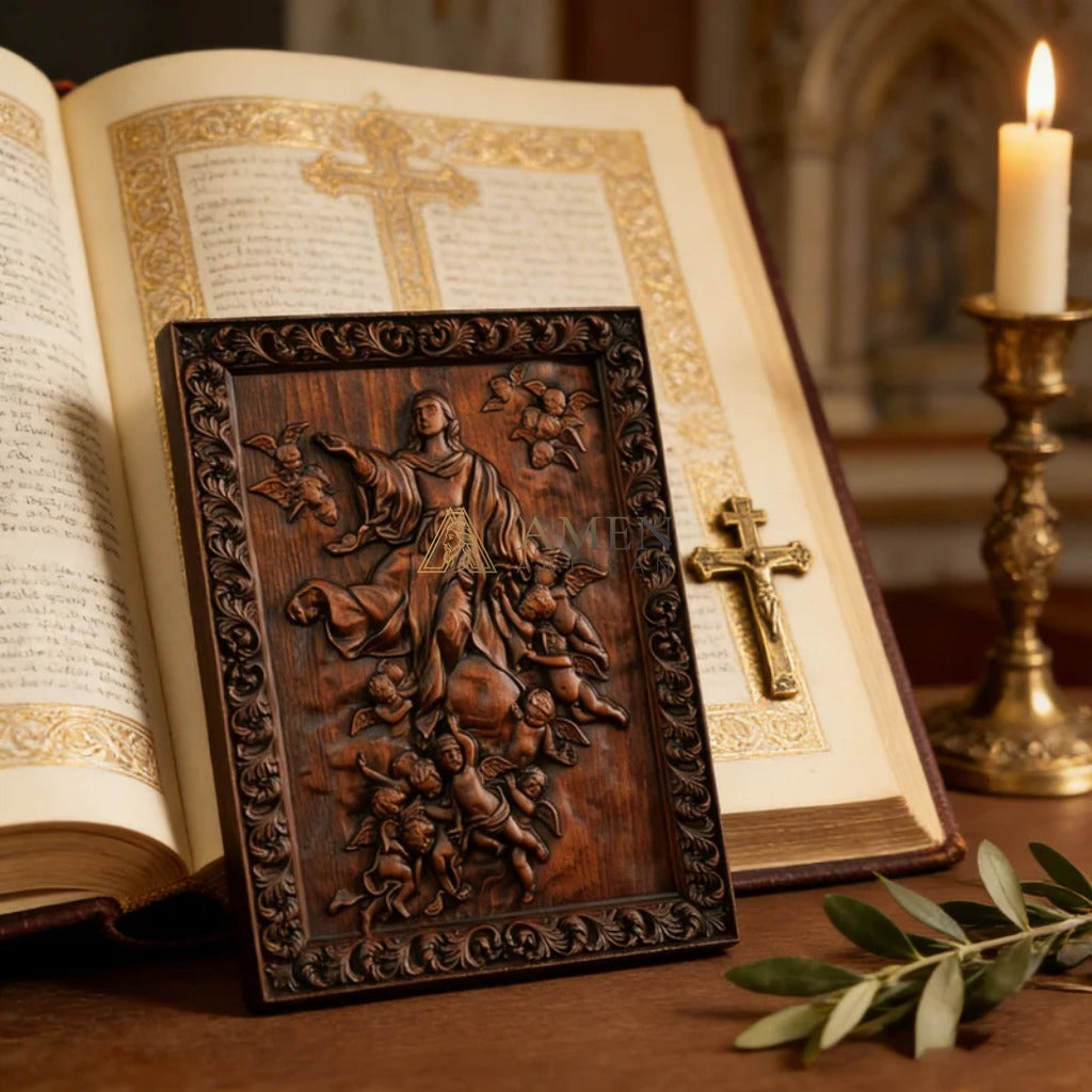 Assumption of Mary Wood Carving Amen Artisan