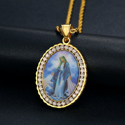 Holy Mother Photo Memorial Titanium Steel Zircon Necklace | Amen Artisan