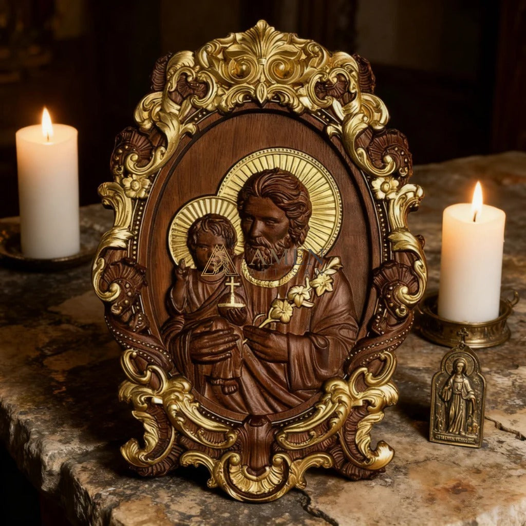 St. Joseph & Child Jesus Wood Carving