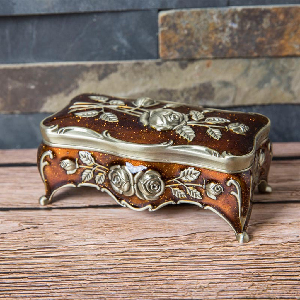 Vintage Rose Metal Rosary Keepsake Box with Raised Floral Details