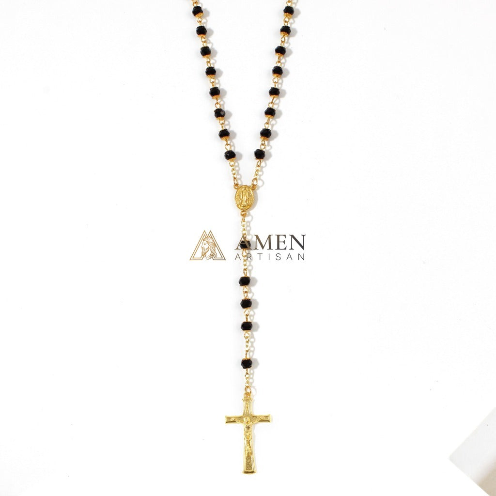 Black Glass Our Lady Crucifix Rosary Amen Artisan